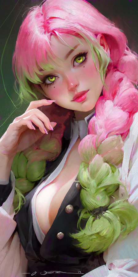 粉绿双色长发少女绿眸微挑暗绿背景动漫手机壁纸