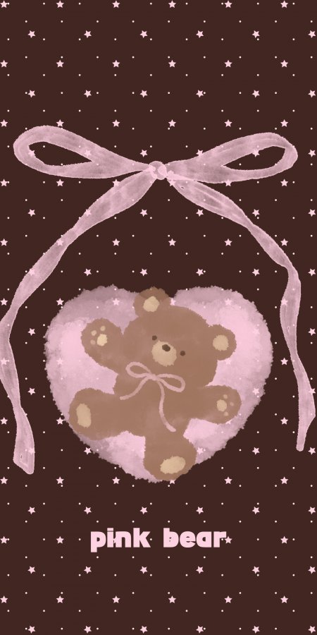 粉色心形毛绒小熊系蝴蝶结星星背景可爱插画手机壁纸