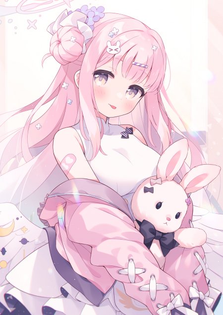 粉色长发少女抱兔玩偶戴花饰白裙动漫手机壁纸