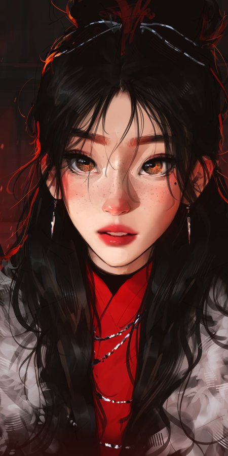古风少女黑发红衣橙眸雀斑暗红唯美动漫手机壁纸