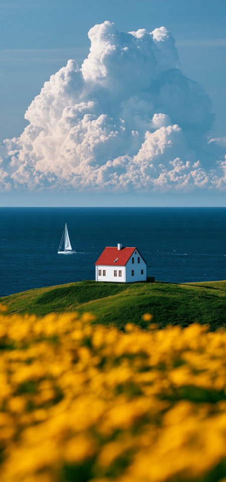 海边小屋红顶白墙绿丘黄花蔚蓝大海帆船云团自然风景手机壁纸