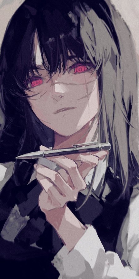黑发红瞳少女手持钢笔暗灰动漫手机壁纸