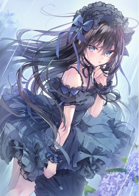 黑发蓝眸洛丽塔少女雨中持伞紫灰动漫手机壁纸