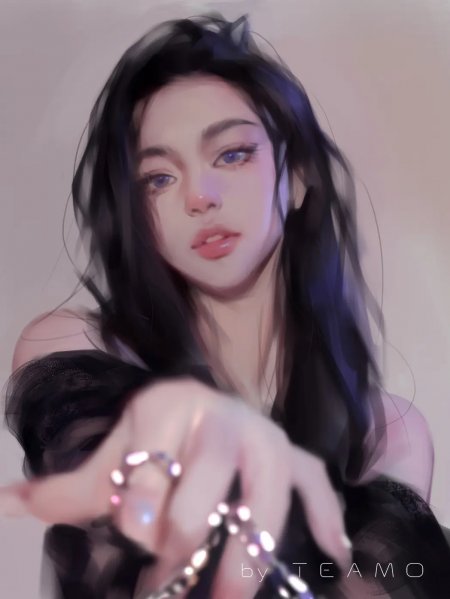 黑发蓝瞳少女伸手凝视紫粉梦幻动漫手机壁纸