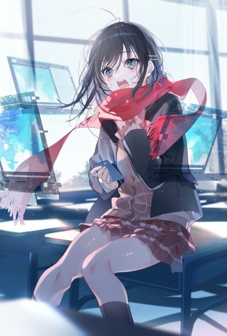 黑发蓝眼少女红围巾耳机手持手机教室光影蓝白动漫手机壁纸
