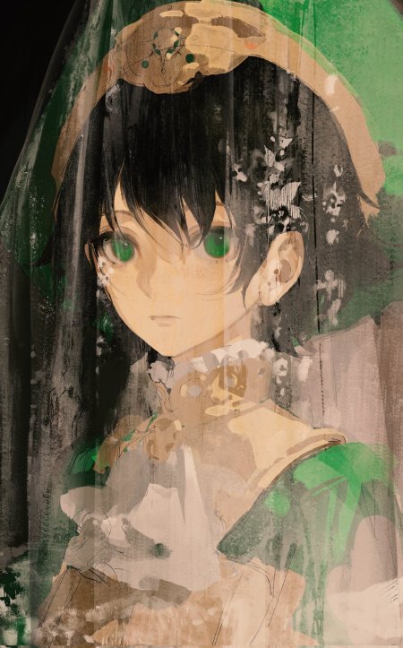 黑发绿眸少女头戴花饰朦胧水彩风动漫手机壁纸