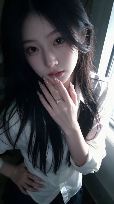 黑发长直白衬衫美女手托下巴闪钻美甲暖光人物摄影手机壁纸