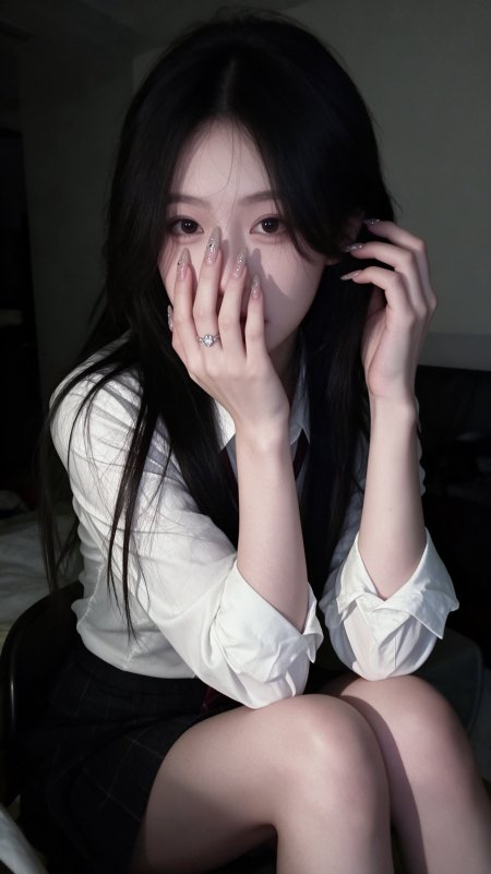 黑长直美女白衬衫格裙遮面凝视暗调人物摄影手机壁纸