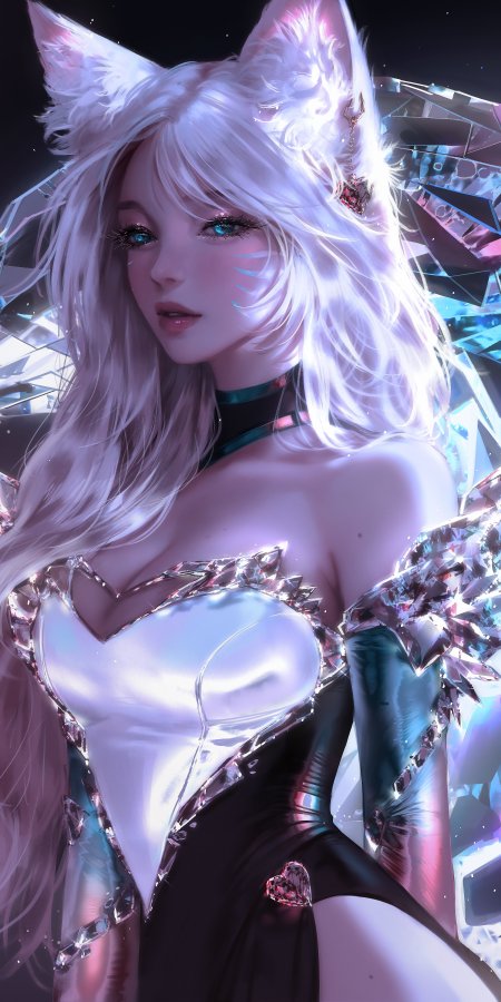 狐耳少女银发蓝眸水晶铠甲紫蓝光效动漫手机壁纸