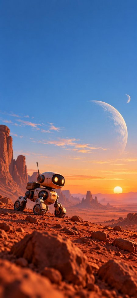 火星地貌小机器人探索橙红日落太空科幻手机壁纸