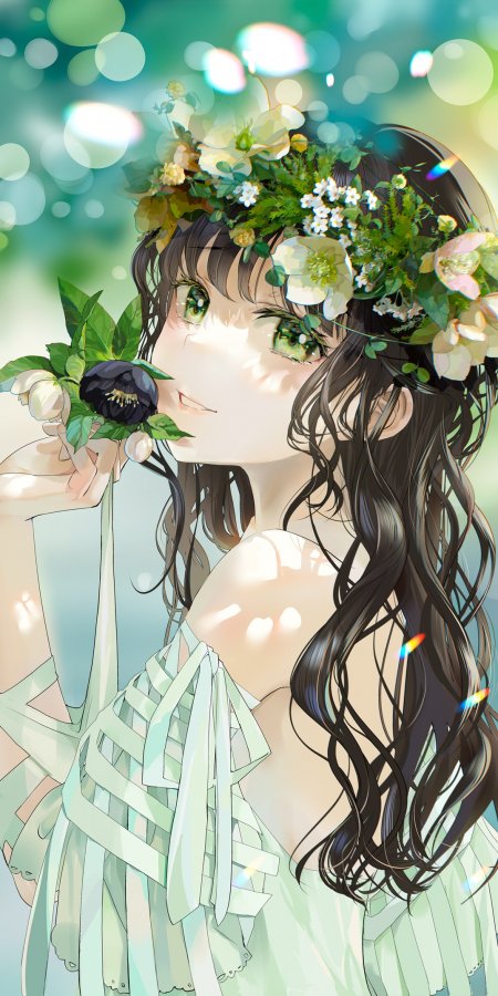 少女花环绿眸浅绿裙装梦幻清新动漫手机壁纸