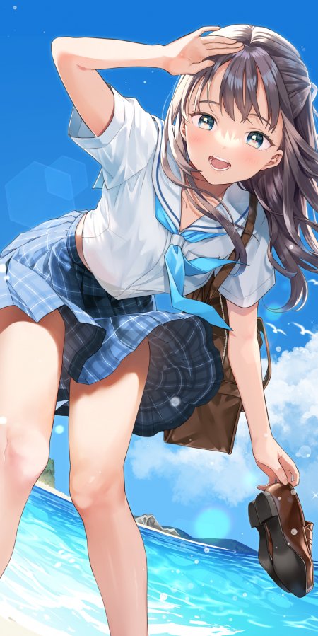 少女水手服海边奔跑蓝白清新动漫手机壁纸