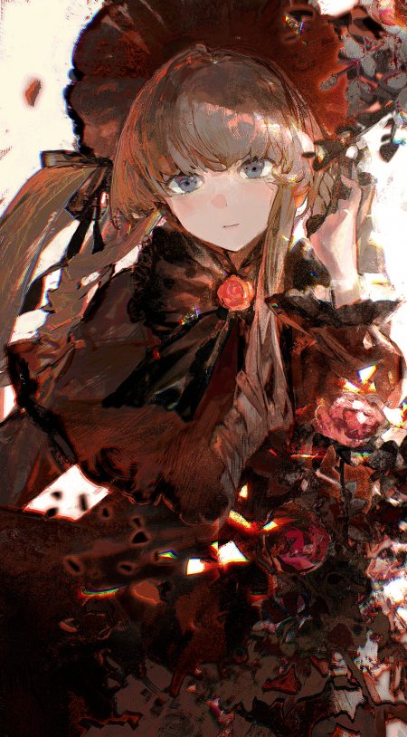 少女蓝眸棕发黑裙玫瑰暗红奇幻插画手机壁纸