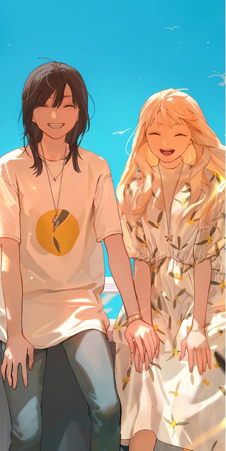 少女与少年海边微笑牵手暖金唯美插画手机壁纸