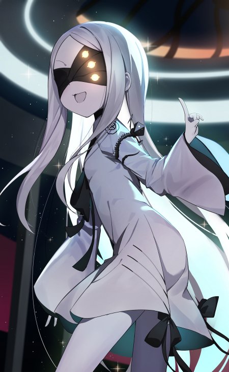 蔚蓝档案伊吹美娜灰白长发眼罩少女微笑指向上方蓝紫光效动漫手机壁纸