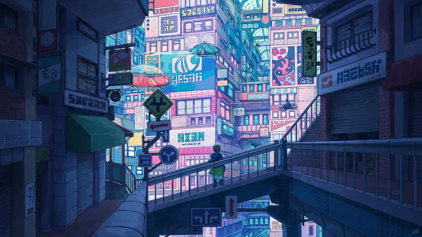赛博朋克风格未来都市高楼林立霓虹招牌闪烁蓝紫调动漫电脑壁纸