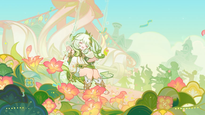 原神纳西妲绿发少女荡秋千花海梦境青绿奇幻动漫电脑壁纸