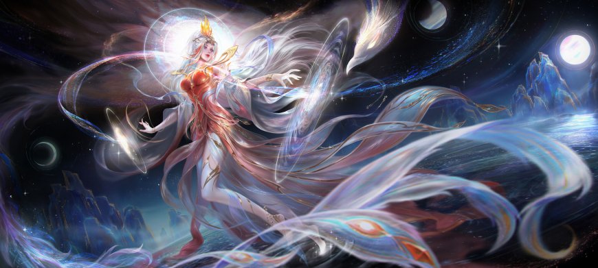 王者荣耀嫦娥星穹之诗皮肤少女飘带飞舞蓝紫梦幻插画电脑壁纸