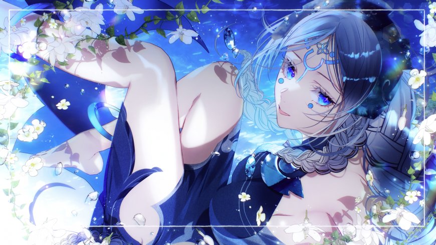 蓝发少女水中漂浮白花环绕蓝紫梦幻动漫电脑壁纸