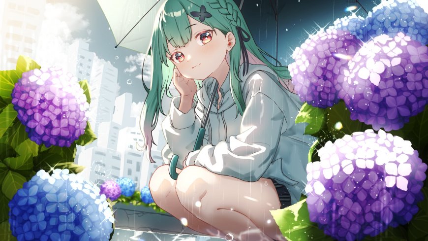 绿发少女雨中撑伞紫蓝绣球花环绕清新唯美动漫电脑壁纸