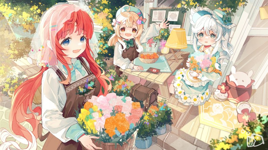 三位花店少女围坐庭院捧花微笑粉绿清新动漫电脑壁纸