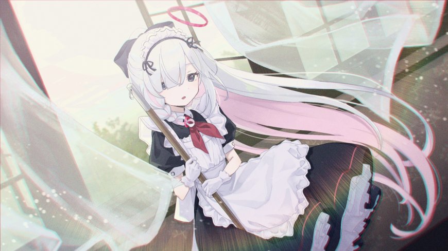 银发双马尾女仆装少女持扫帚粉白梦幻动漫电脑壁纸