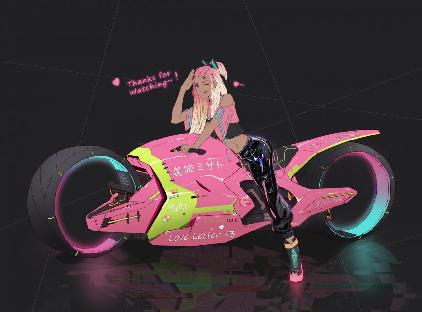 赛博朋克少女粉发敬礼骑乘霓虹粉绿机车插画电脑壁纸