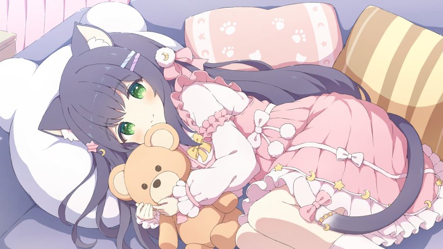 猫耳少女抱泰迪熊粉白可爱动漫电脑壁纸