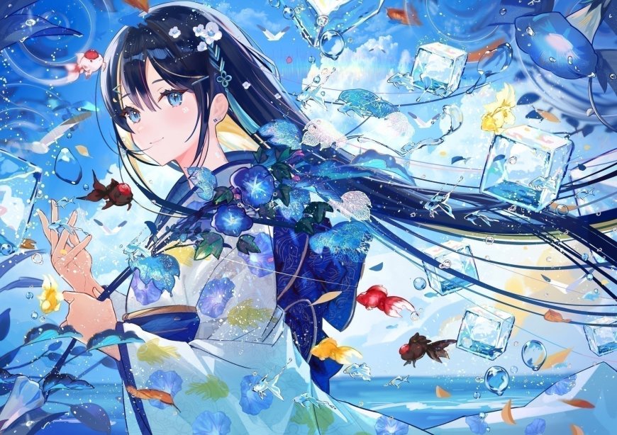 蓝发少女水下花鱼环绕冰晶梦幻蓝白动漫电脑壁纸