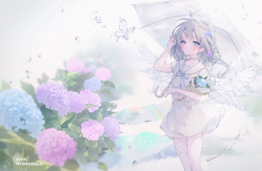 雨中少女持伞捧花蓝紫绣球花梦幻唯美动漫电脑壁纸