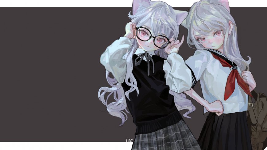 银发猫耳双少女校服互动粉紫动漫电脑壁纸