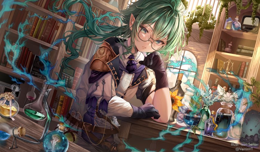 绿发精灵少女戴眼镜托腮凝视蓝焰魔法实验室奇幻动漫电脑壁纸