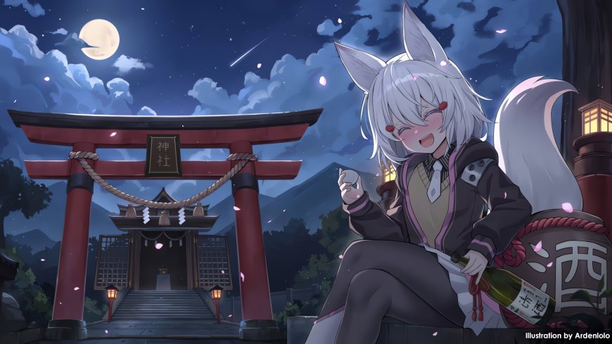 银发狐耳少女手持清酒笑颜满月神社背景蓝紫动漫电脑壁纸