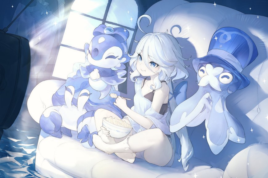 原神芙宁娜与水形幻灵温馨共处蓝白梦幻动漫电脑壁纸