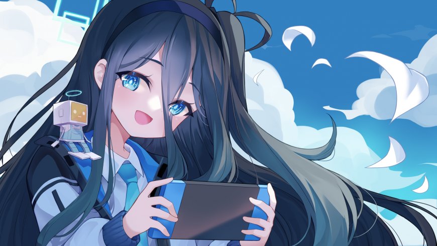 蓝发少女手持平板微笑蓝天白云动漫电脑壁纸