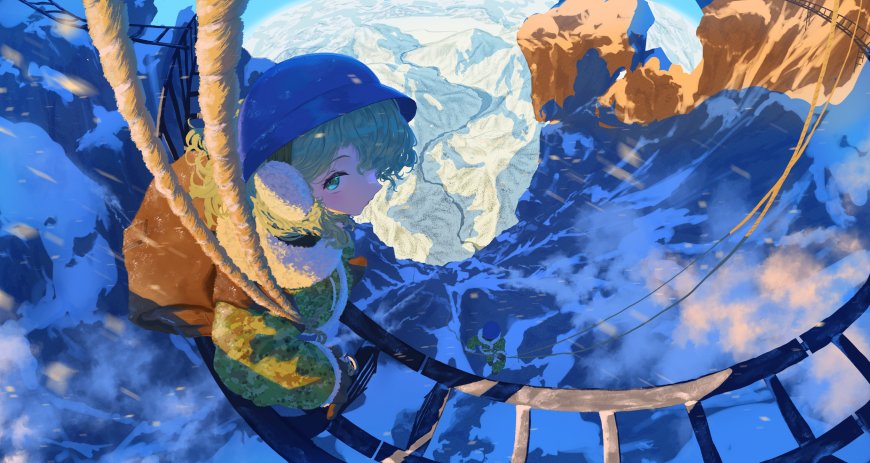 蓝帽绿发少女攀爬雪崖俯瞰冰川蓝白动漫电脑壁纸