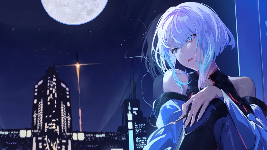赛博朋克风格银发少女夜景城市蓝紫动漫电脑壁纸