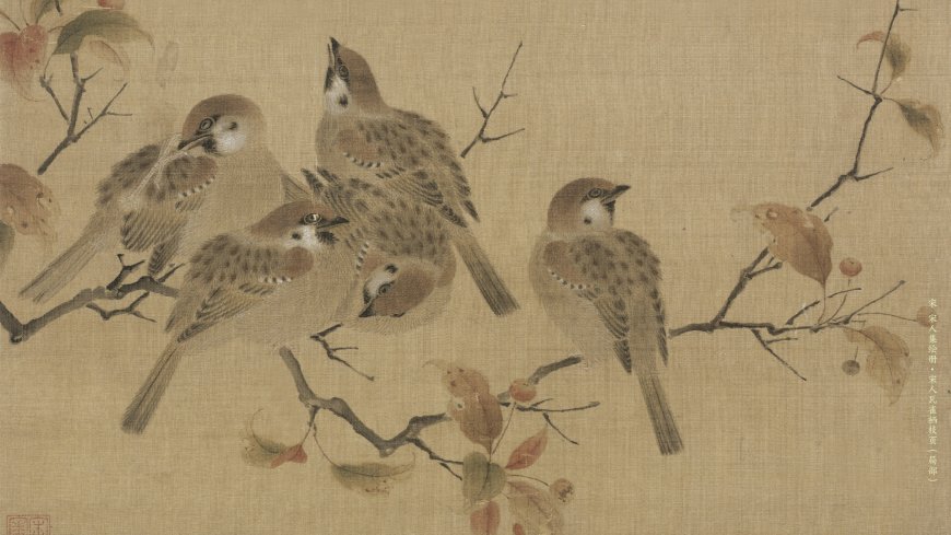 宋代画家徐熙花鸟图麻雀栖枝秋叶淡雅古风电脑壁纸