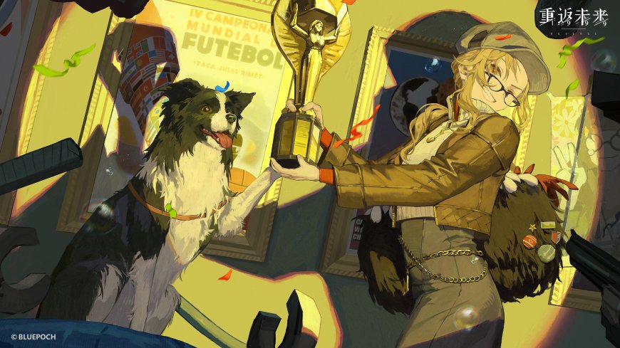 重返未来1999金发少女与边境牧羊犬共举奖杯黄暖色调动漫电脑壁纸