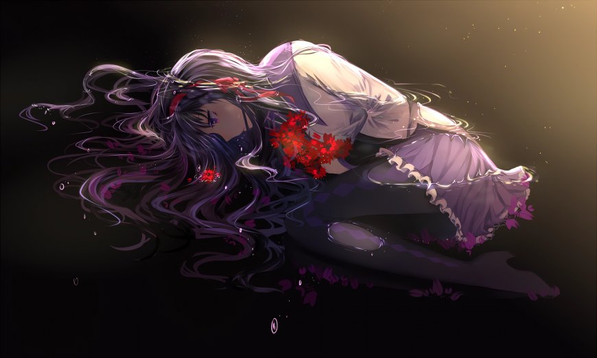 紫发少女沉眠水中红花点缀暗金唯美动漫电脑壁纸