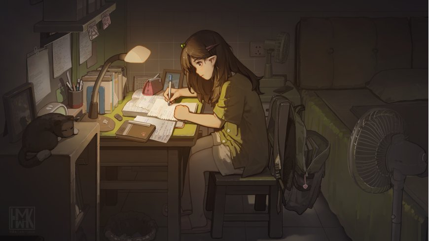 深夜台灯下少女伏案书写暖黄动漫电脑壁纸