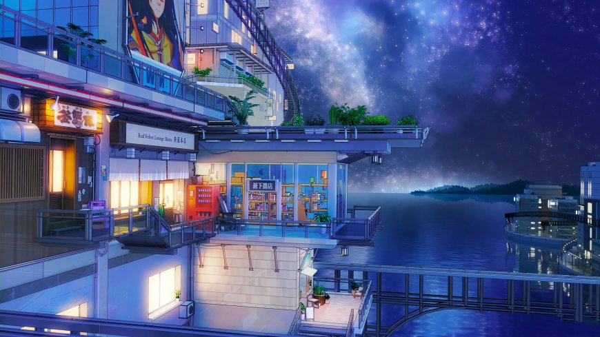 夜景都市书店咖啡馆蓝紫星空动漫电脑壁纸