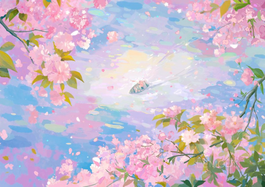 樱花纷飞小舟穿行粉蓝梦幻插画创意电脑壁纸