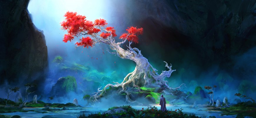 神秘洞穴红树光影奇幻风景动漫插画手机壁纸