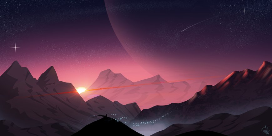 异星山脉日出紫红渐变星空科幻电脑壁纸