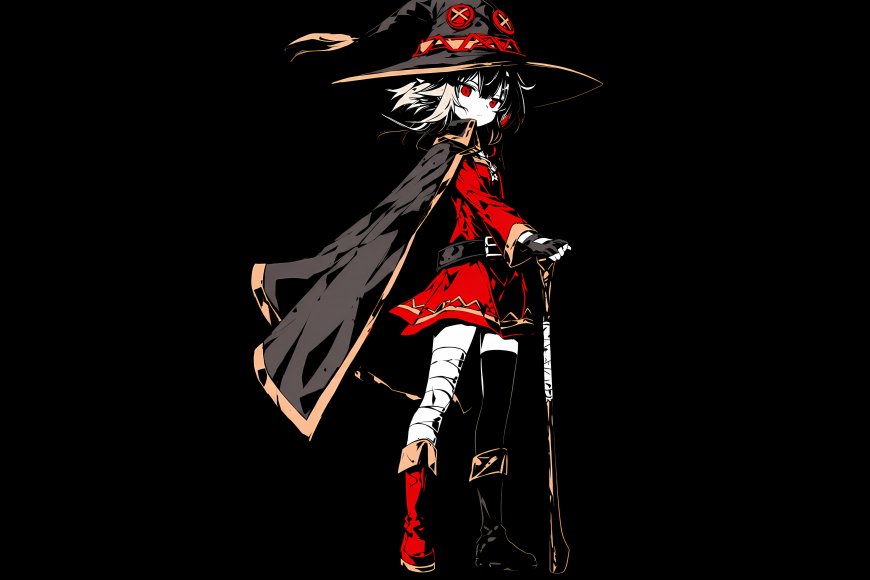 魔女少女红黑斗篷持杖暗黑动漫电脑壁纸