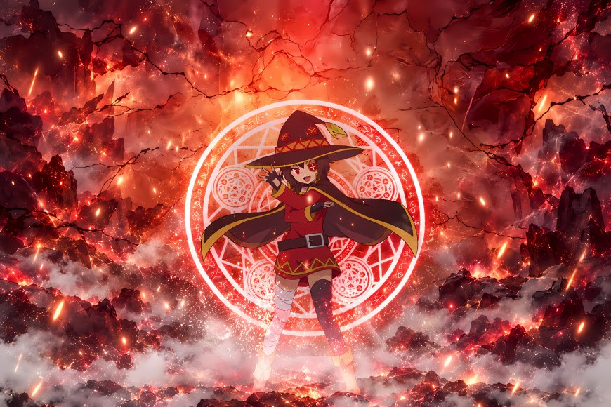 为美好的世界献上祝福惠惠红衣魔导士法阵火焰背景暗红奇幻动漫电脑壁纸
