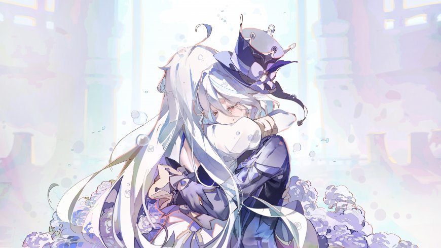 原神芙宁娜白发蓝紫礼帽少女拥抱姿态粉紫梦幻动漫电脑壁纸