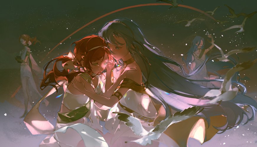 原神珊瑚宫心海与宵宫拥抱场景粉紫梦幻动漫电脑壁纸