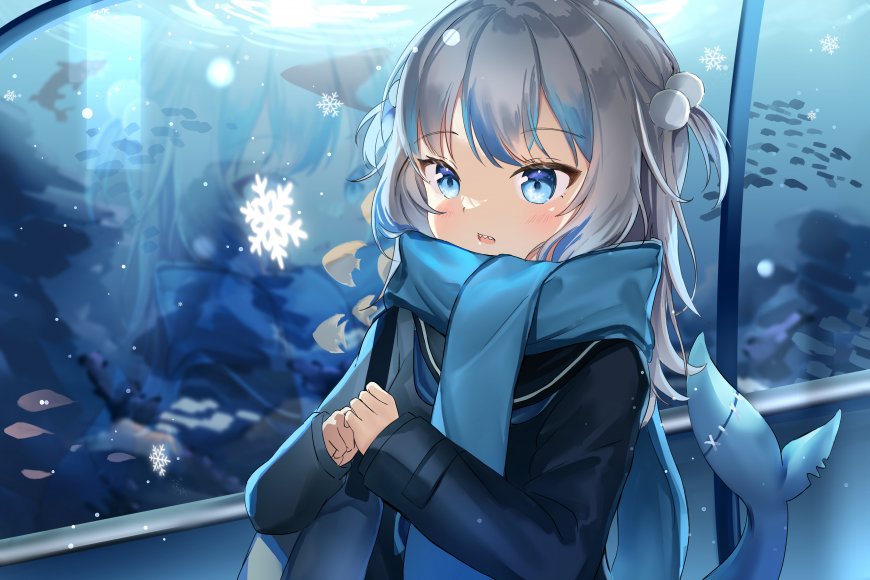 银发蓝眸少女围巾裹颈雪景窗前蓝白动漫电脑壁纸